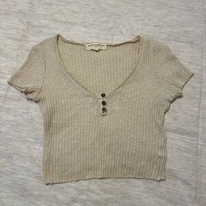Urban Outfitters Project Social T Beige Ribbed Knit Short Sleeve Crop Top